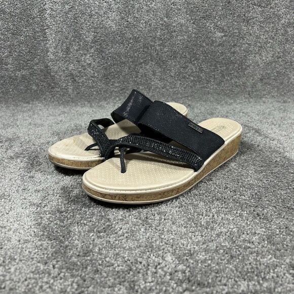 BZees Bora Bright Women's Sz 7 M Black Tan Machine Washable Thong Wedge Sandals - Picture 3 of 8